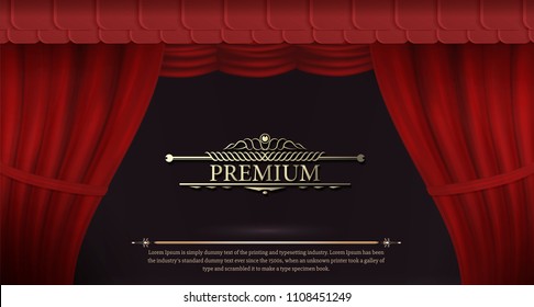 Dark red curtain scene gracefully. Cover with vertical motion blur and text. Like curtains in theater. Elegance vector backdrop with vintage sign