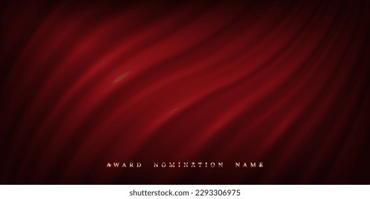 Dark red curtains with waves and drapery, gold award nomination name text vector illustration. Luxury classy cloth with drape texture for exclusive backdrop of award ceremony, winners celebration