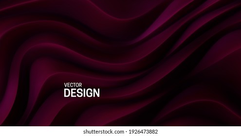 Dark red curvy pattern surface. Vector 3d illustration. Abstract futuristic background. Minimalist geometric cover design. Warped stripes. Topography relief. Elegant backdrop.