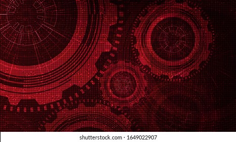 Dark red Digital Technology Gears wheel and Cock with Circuit Line Background.