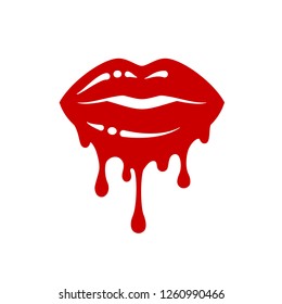 Dark red dripping lips icon. Melting glossy lipstick make up artist logo design. Hand drawn bleeding lip gloss vector illustration.