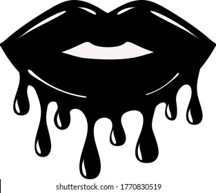Dark red dripping lips icon. Melting glossy lipstick make up artist logo design. Hand drawn bleeding lip gloss vector illustration.