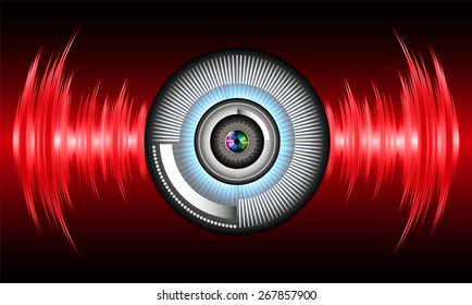 dark red eyeball future technology, security concept background. vector. Light Technology background for computer graphic website internet business. circuit. sound wave. eye