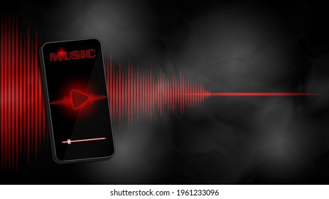 Dark red futuristic wavy poster. Bright diagram and 3d smartphone with music