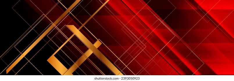 Dunkelroter, geometrischer abstrakter Hintergrund mit goldenen Linien und Streifen. Vektorbanner-Design