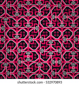 Dark, red geometric seamless pattern background in alien style. Tangled puzzle repeatable backdrop.
