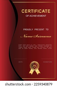 Dark red and gold certificate with luxury badge and modern line and shapes. Diploma of modern design or gift certificate. Vector illustration.