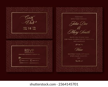 Dark Red and Golden Color Wedding Invitation Suite Templates Layout, Ready To Be Printable.