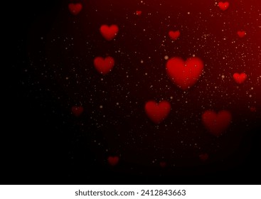 Dark red and golden Valentines Day abstract background with hearts and particles. Vector greeting card design
