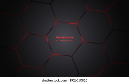 Dark red and gray hexagonal technology vector abstract background. Red bright energy flashes under hexagon in modern technology futuristic background vector illustration. Dark gray honeycomb texture.