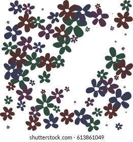 Dark Red, Green and Blue Flowers of Different Size and Shape on White Background