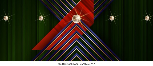 Dark red and green gold Festive Geometry Line Glow Glitter abstract background luxury golden line template premium vector