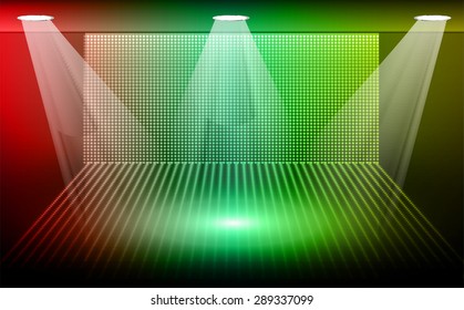 Dark red green yellow Abstract light lamps background for Technology computer graphic website internet and business.Screen on stage.Vector illustration.Spot Effect.neon.point,platform,Spotlights.arena