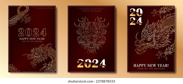 Dark red greeting cards with linear hand-drawn Asian dragon as a symbol of 2024 New Year. Banners with golden dragon as Chinese traditional horoscope sign. A4 poster with wishes for Christmas holidays