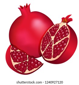 Dark red half grenade and a whole grenade and a piece of grenade isolated on a white background. Vector illustration.
