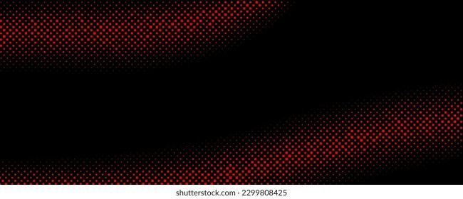 Textura de degradado de semitono rojo oscuro. Papel pintado con puntas retro. Estilo de arte pop cómico textura de marco a cuadros. Patrón ondulado sobre fondo negro para banner, volante, afiche, presentación. Fondo vectorial.