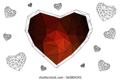 Dark red heart isolated on white background. Geometric rumpled triangular low poly origami style gradient graphic illustration. Vector polygonal design for your business.