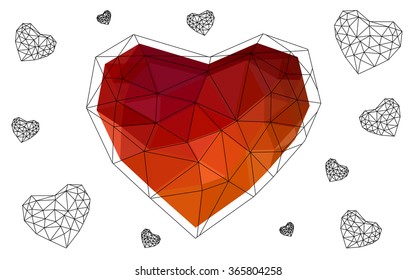 Dark red heart isolated on white background. Geometric rumpled triangular low poly origami style gradient graphic illustration. Vector polygonal design for your business.