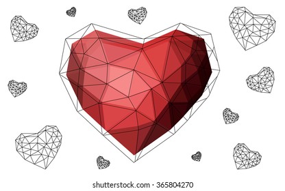 Dark red heart isolated on white background. Geometric rumpled triangular low poly origami style gradient graphic illustration. Vector polygonal design for your business.