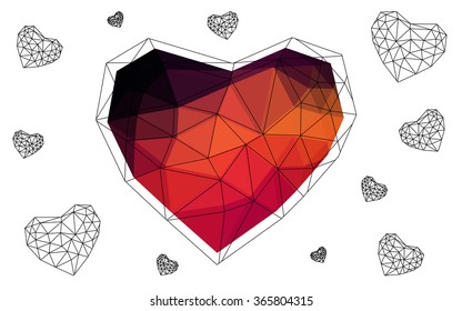 Dark red heart isolated on white background. Geometric rumpled triangular low poly origami style gradient graphic illustration. Vector polygonal design for your business.