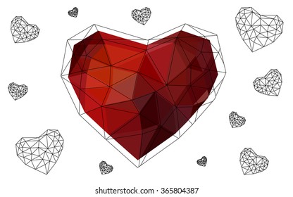 Dark red heart isolated on white background. Geometric rumpled triangular low poly origami style gradient graphic illustration. Vector polygonal design for your business.