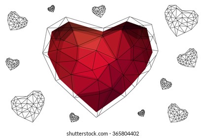 Dark red heart isolated on white background. Geometric rumpled triangular low poly origami style gradient graphic illustration. Vector polygonal design for your business.