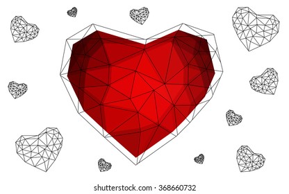 Dark red heart isolated on white background. Geometric rumpled triangular low poly origami style gradient graphic illustration. Vector polygonal design for your business.