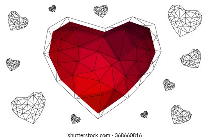 Dark red heart isolated on white background. Geometric rumpled triangular low poly origami style gradient graphic illustration. Vector polygonal design for your business.