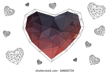 Dark red heart isolated on white background. Geometric rumpled triangular low poly origami style gradient graphic illustration. Vector polygonal design for your business.