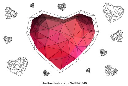 Dark red heart isolated on white background. Geometric rumpled triangular low poly origami style gradient graphic illustration. Vector polygonal design for your business.