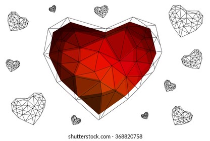 Dark red heart isolated on white background. Geometric rumpled triangular low poly origami style gradient graphic illustration. Vector polygonal design for your business.