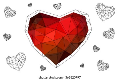Dark red heart isolated on white background. Geometric rumpled triangular low poly origami style gradient graphic illustration. Vector polygonal design for your business.