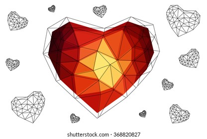 Dark red heart isolated on white background. Geometric rumpled triangular low poly origami style gradient graphic illustration. Vector polygonal design for your business.
