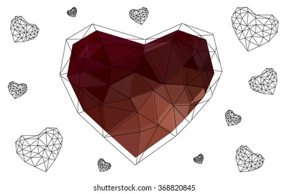 Dark red heart isolated on white background. Geometric rumpled triangular low poly origami style gradient graphic illustration. Vector polygonal design for your business.