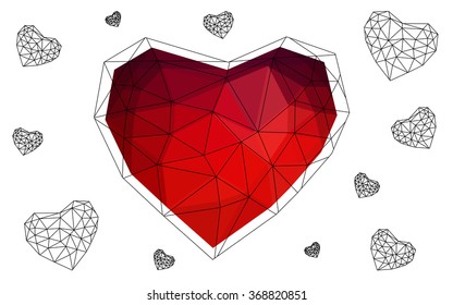 Dark red heart isolated on white background. Geometric rumpled triangular low poly origami style gradient graphic illustration. Vector polygonal design for your business.