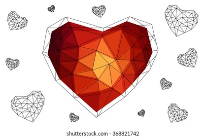 Dark red heart isolated on white background. Geometric rumpled triangular low poly origami style gradient graphic illustration. Vector polygonal design for your business.