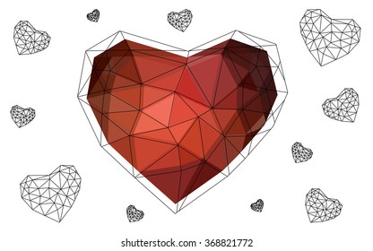 Dark red heart isolated on white background. Geometric rumpled triangular low poly origami style gradient graphic illustration. Vector polygonal design for your business.