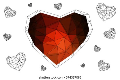Dark red heart isolated on white background. Geometric rumpled triangular low poly origami style gradient graphic illustration. Vector polygonal design for your business.