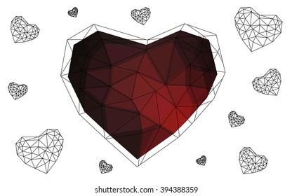 Dark red heart isolated on white background. Geometric rumpled triangular low poly origami style gradient graphic illustration. Vector polygonal design for your business.