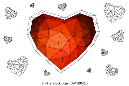 Dark red heart isolated on white background. Geometric rumpled triangular low poly origami style gradient graphic illustration. Vector polygonal design for your business.