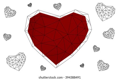 Dark red heart isolated on white background. Geometric rumpled triangular low poly origami style gradient graphic illustration. Vector polygonal design for your business.