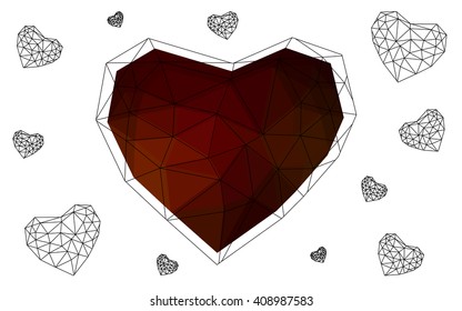 Dark red heart isolated on white background. Geometric rumpled triangular low poly origami style gradient graphic illustration. Vector polygonal design for your business.