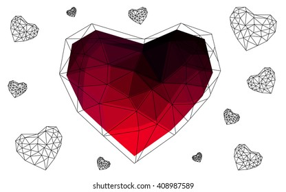 Dark red heart isolated on white background. Geometric rumpled triangular low poly origami style gradient graphic illustration. Vector polygonal design for your business.