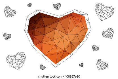 Dark red heart isolated on white background. Geometric rumpled triangular low poly origami style gradient graphic illustration. Vector polygonal design for your business.