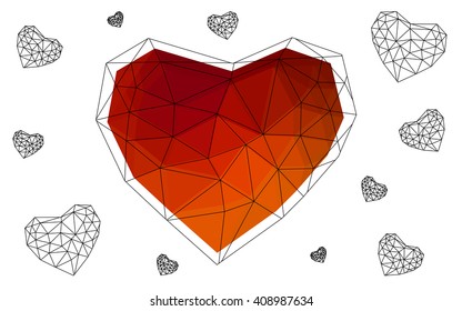 Dark red heart isolated on white background. Geometric rumpled triangular low poly origami style gradient graphic illustration. Vector polygonal design for your business.