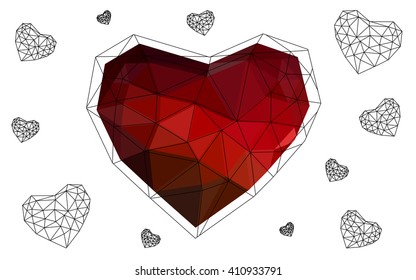 Dark red heart isolated on white background. Geometric rumpled triangular low poly origami style gradient graphic illustration. Vector polygonal design for your business.