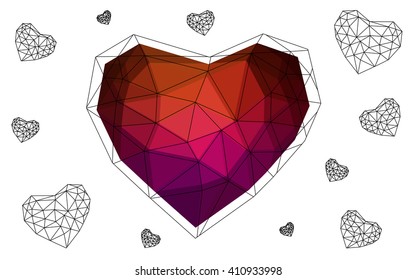 Dark red heart isolated on white background. Geometric rumpled triangular low poly origami style gradient graphic illustration. Vector polygonal design for your business.