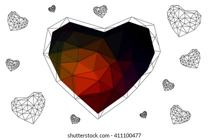Dark red heart isolated on white background. Geometric rumpled triangular low poly origami style gradient graphic illustration. Vector polygonal design for your business.