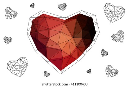 Dark red heart isolated on white background. Geometric rumpled triangular low poly origami style gradient graphic illustration. Vector polygonal design for your business.