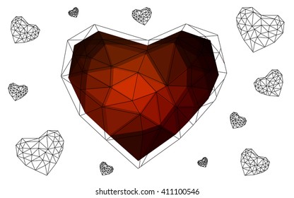 Dark red heart isolated on white background. Geometric rumpled triangular low poly origami style gradient graphic illustration. Vector polygonal design for your business.